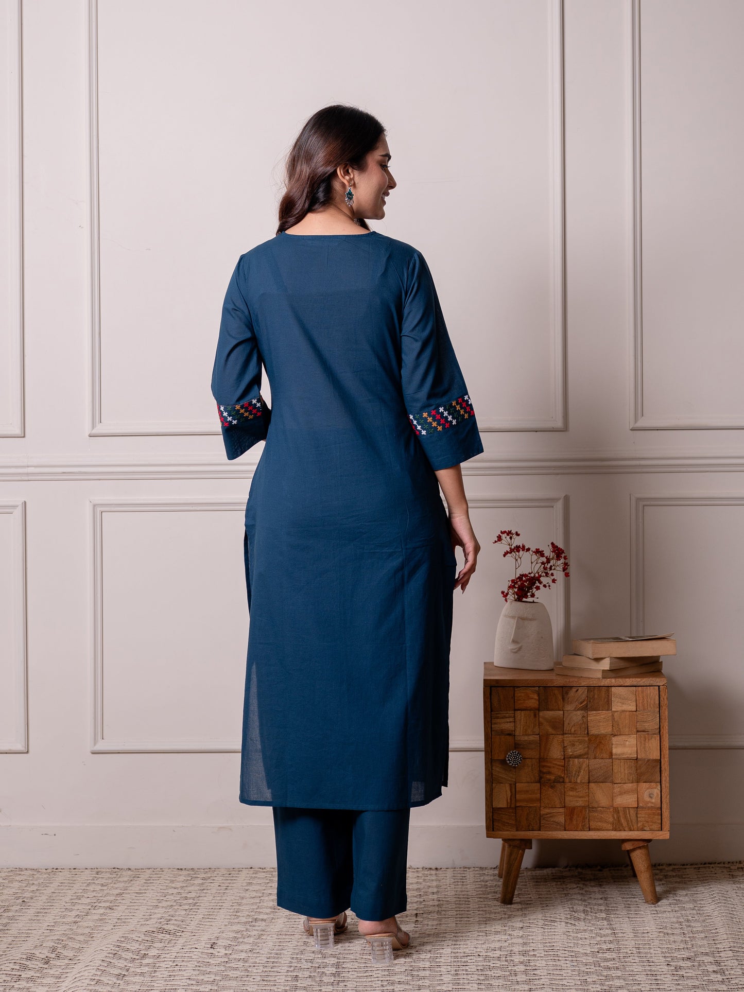 Embroidered Soft cotton Solid Straight Blue Kurta
