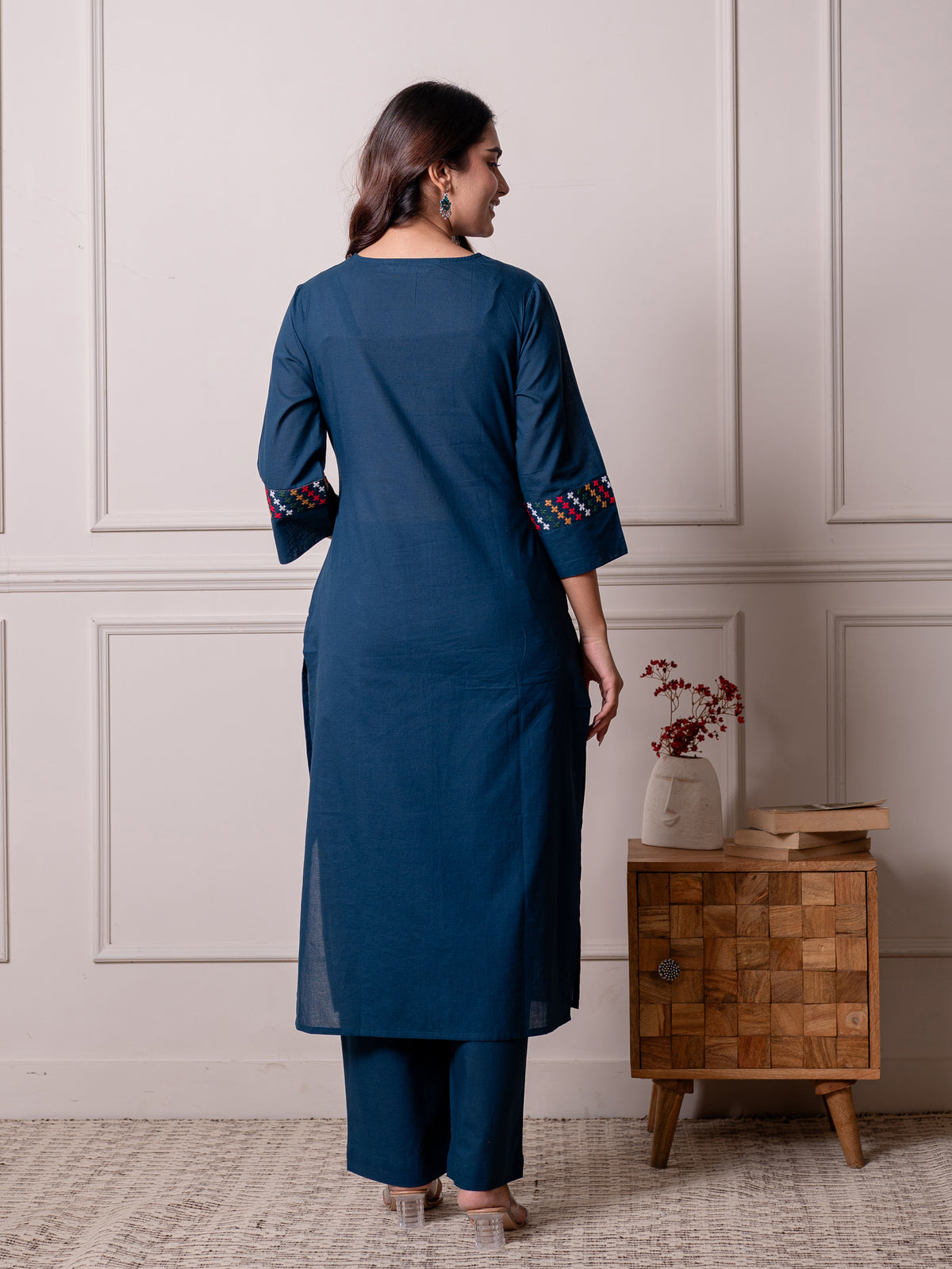 Embroidered Soft Cotton Solid Straight Blue Kurta