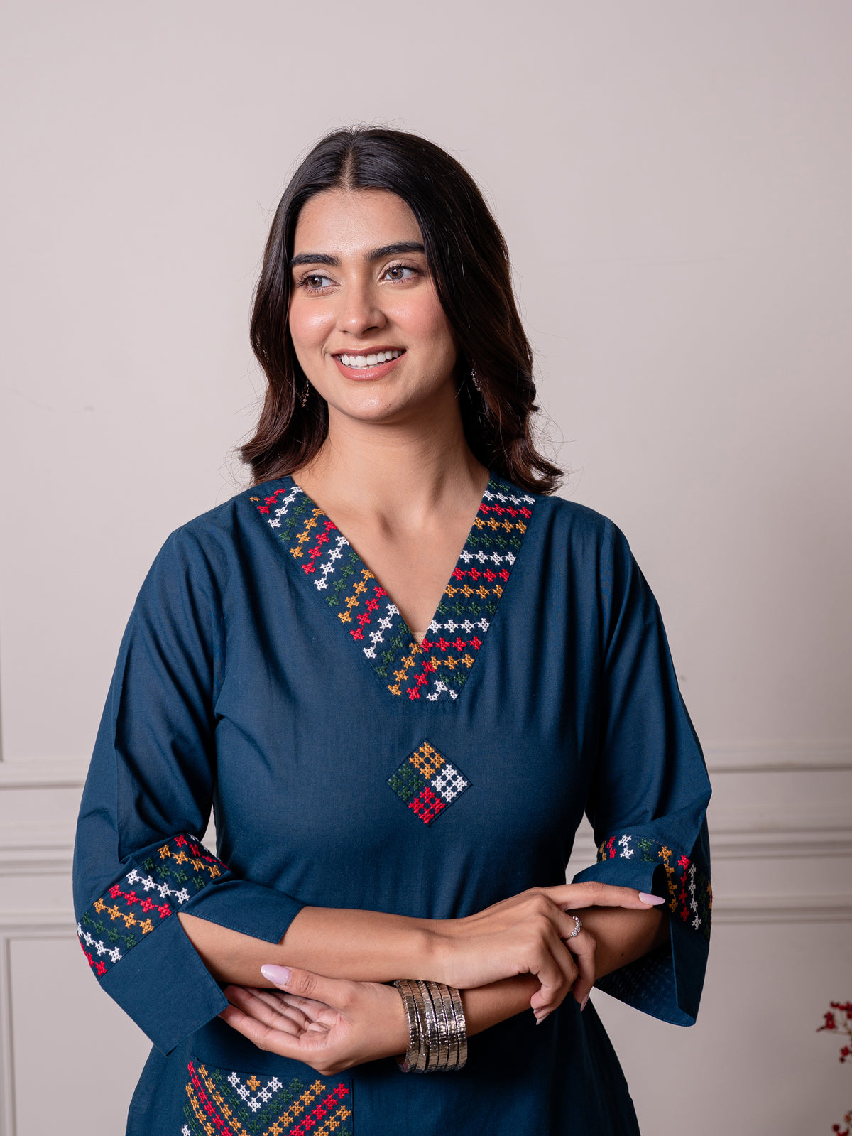 Embroidered Soft Cotton Solid Straight Blue Kurta
