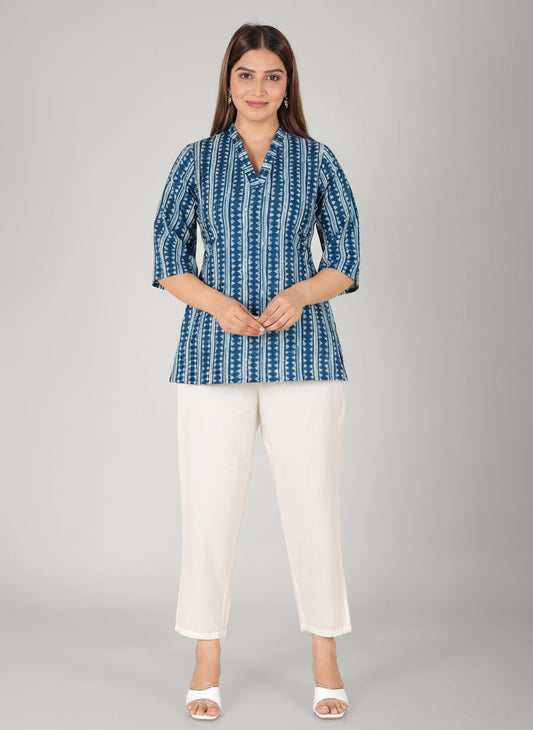 Soft Cotton Striped Straight Blue Kurti