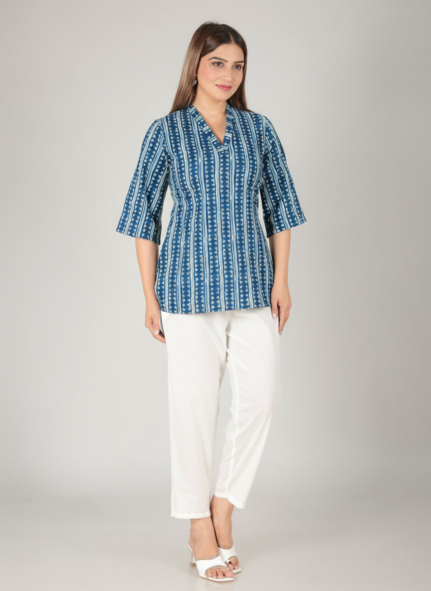 Soft Cotton Striped Straight Blue Kurti