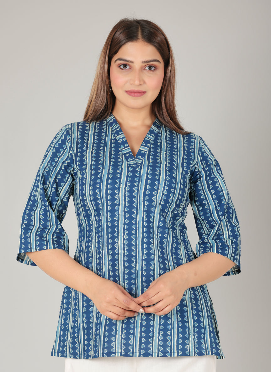 Soft Cotton Striped Straight Blue Kurti