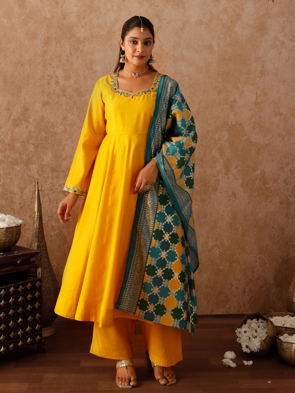 Embroidered Chanderi Solid Anarkali Yellow Kurta