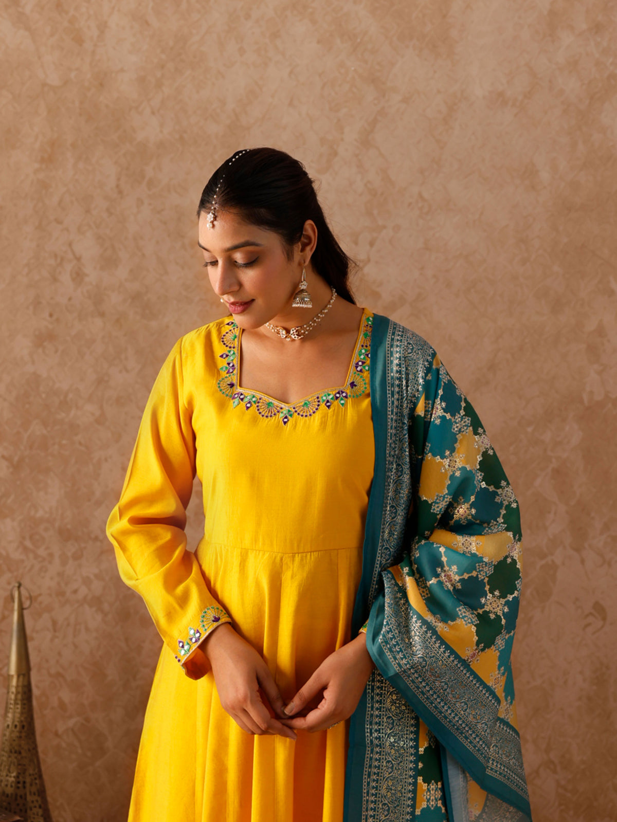 Embroidered Chanderi Solid Anarkali Yellow Kurta