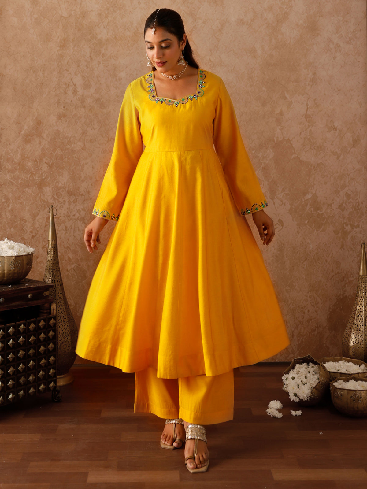 Embroidered Chanderi Solid Anarkali Yellow Kurta