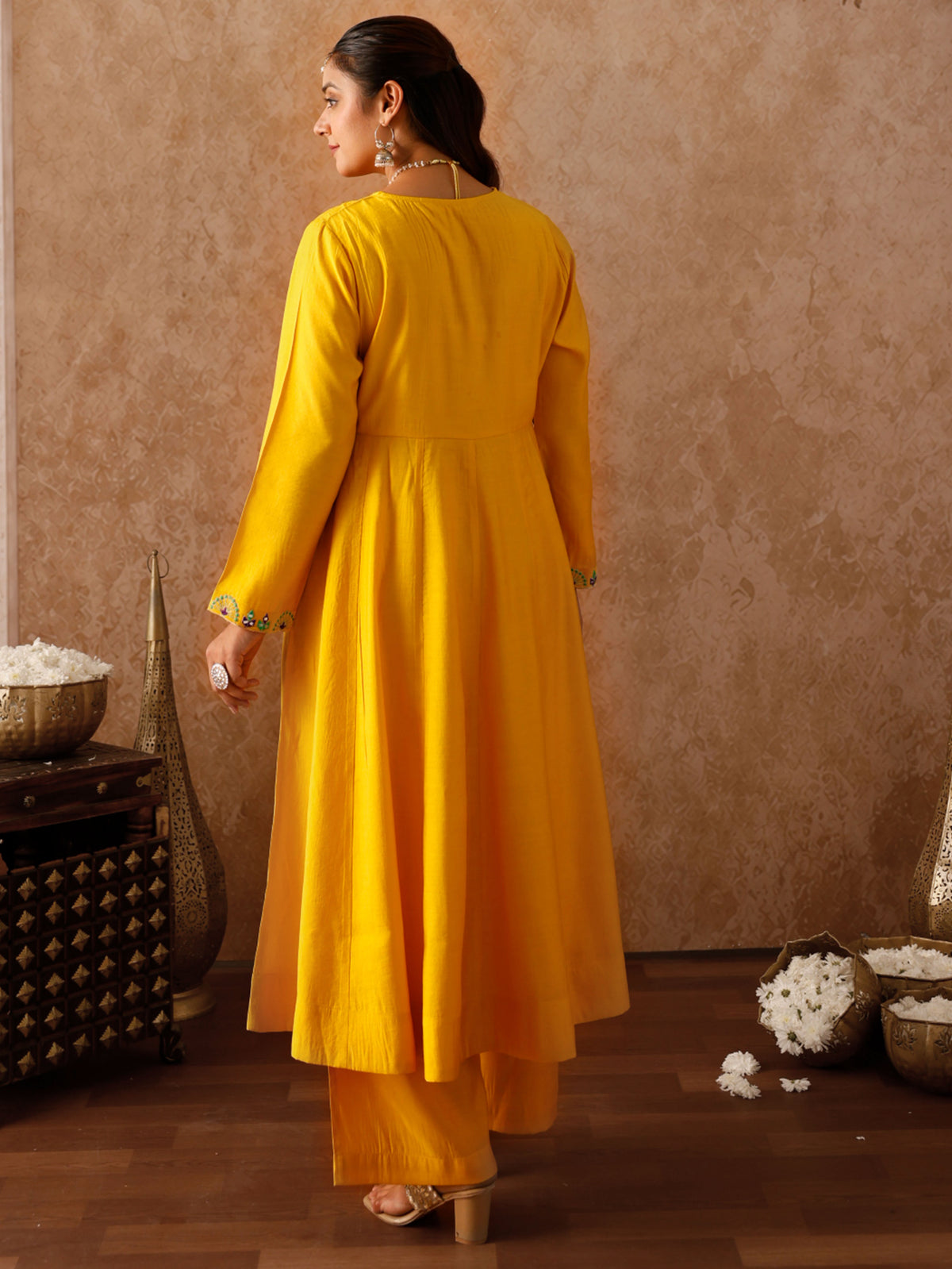 Embroidered Chanderi Solid Anarkali Yellow Kurta