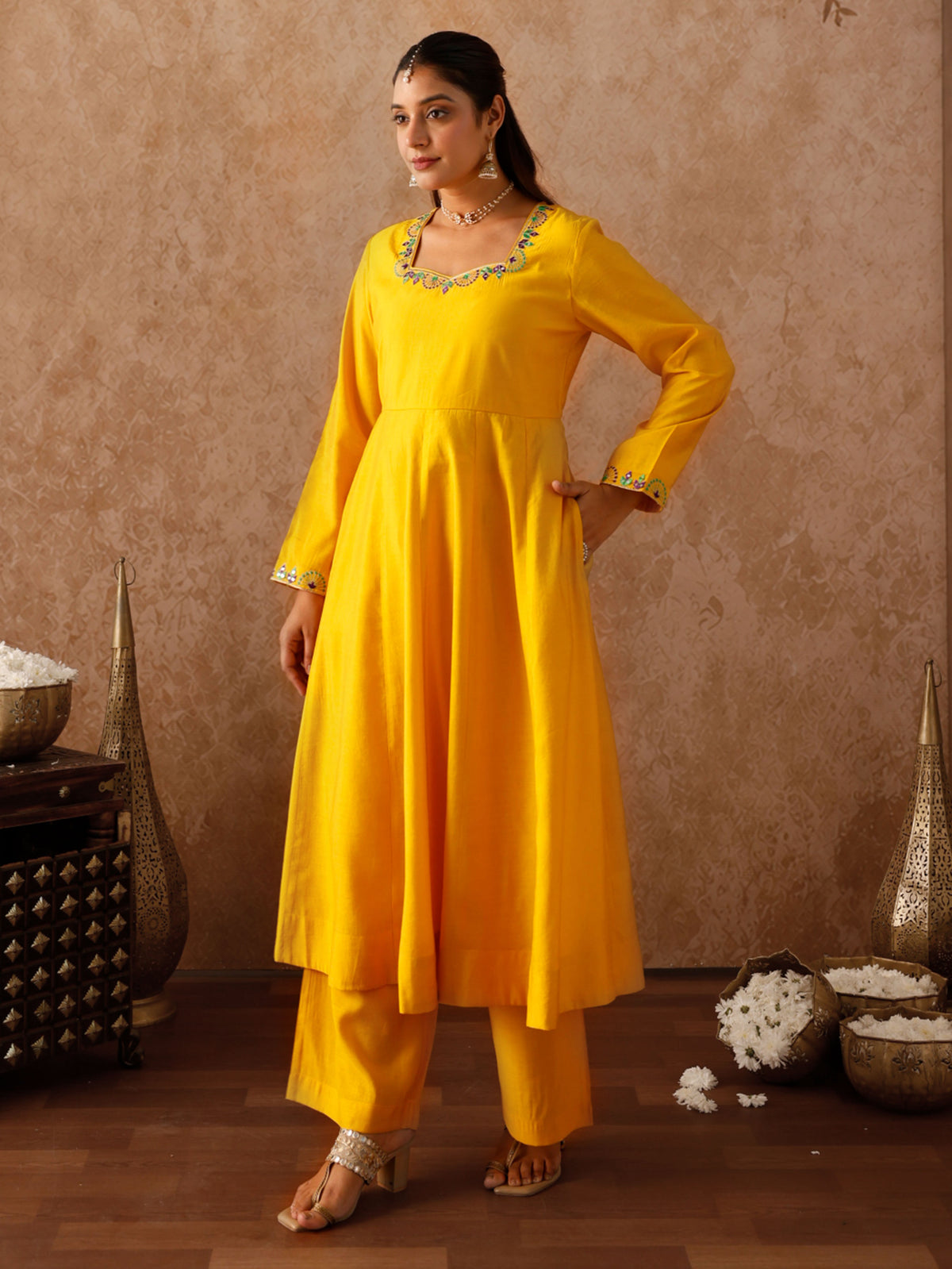 Embroidered Chanderi Solid Anarkali Yellow Kurta