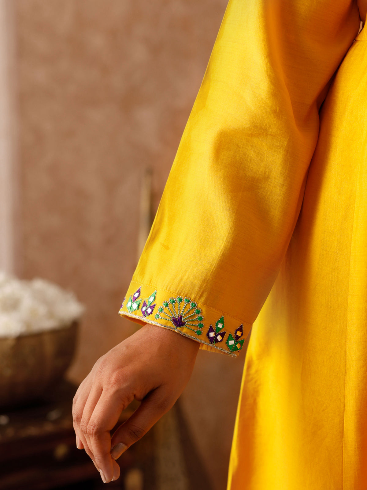 Embroidered Chanderi Solid Anarkali Yellow Kurta