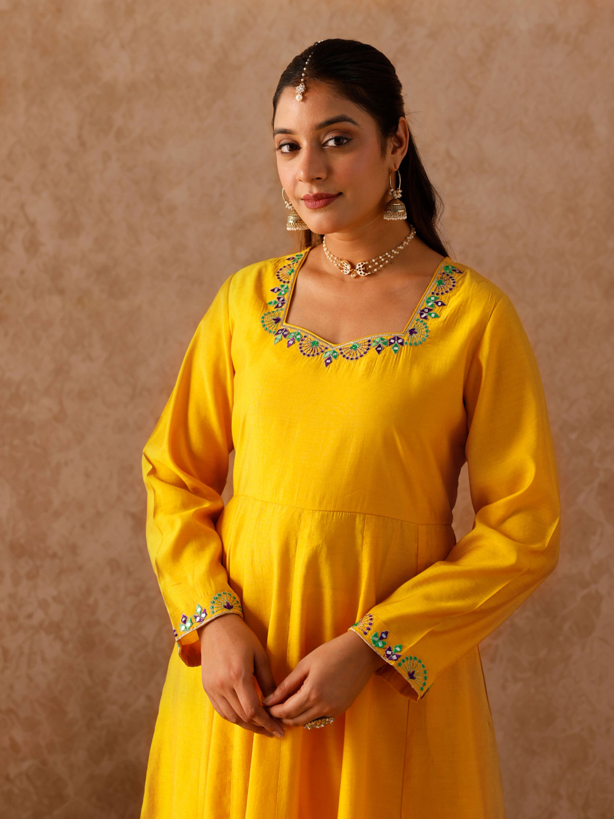 Embroidered Chanderi Solid Anarkali Yellow Kurta