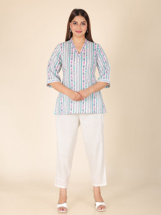 Soft Cotton Striped Straight White Kurti