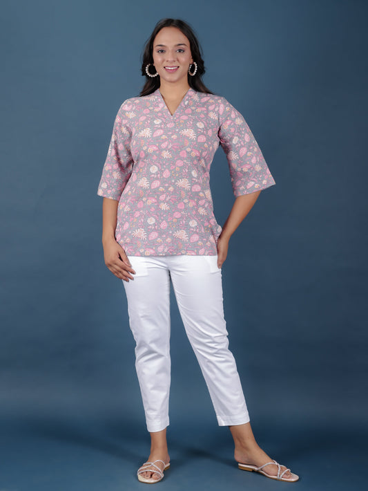 Kantha Cotton Floral Straight Grey Kurti