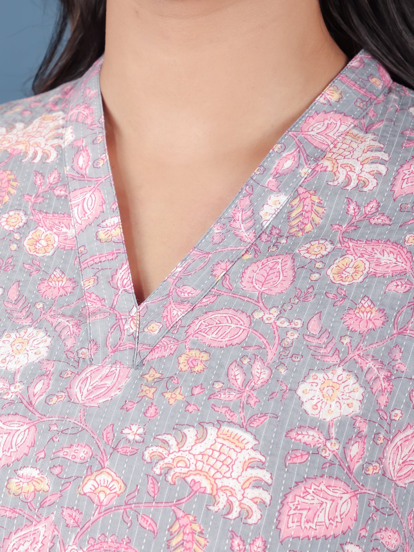 Kantha Cotton Floral Straight Grey Kurti