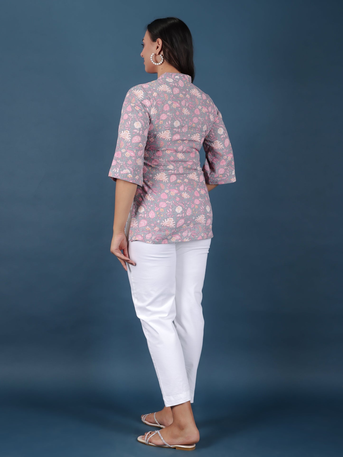 Kantha Cotton Floral Straight Grey Kurti