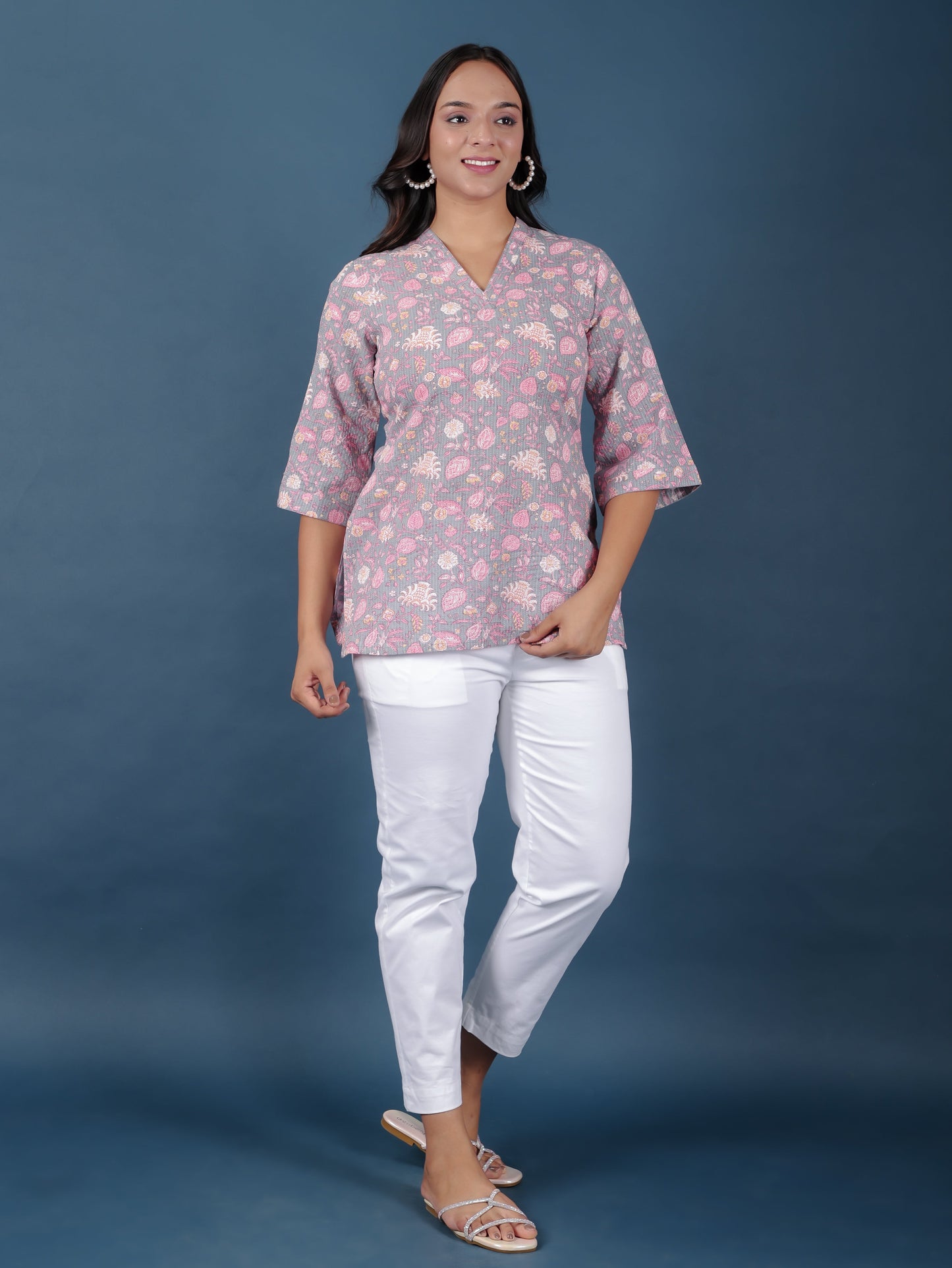 Kantha Cotton Floral Straight Grey Kurti