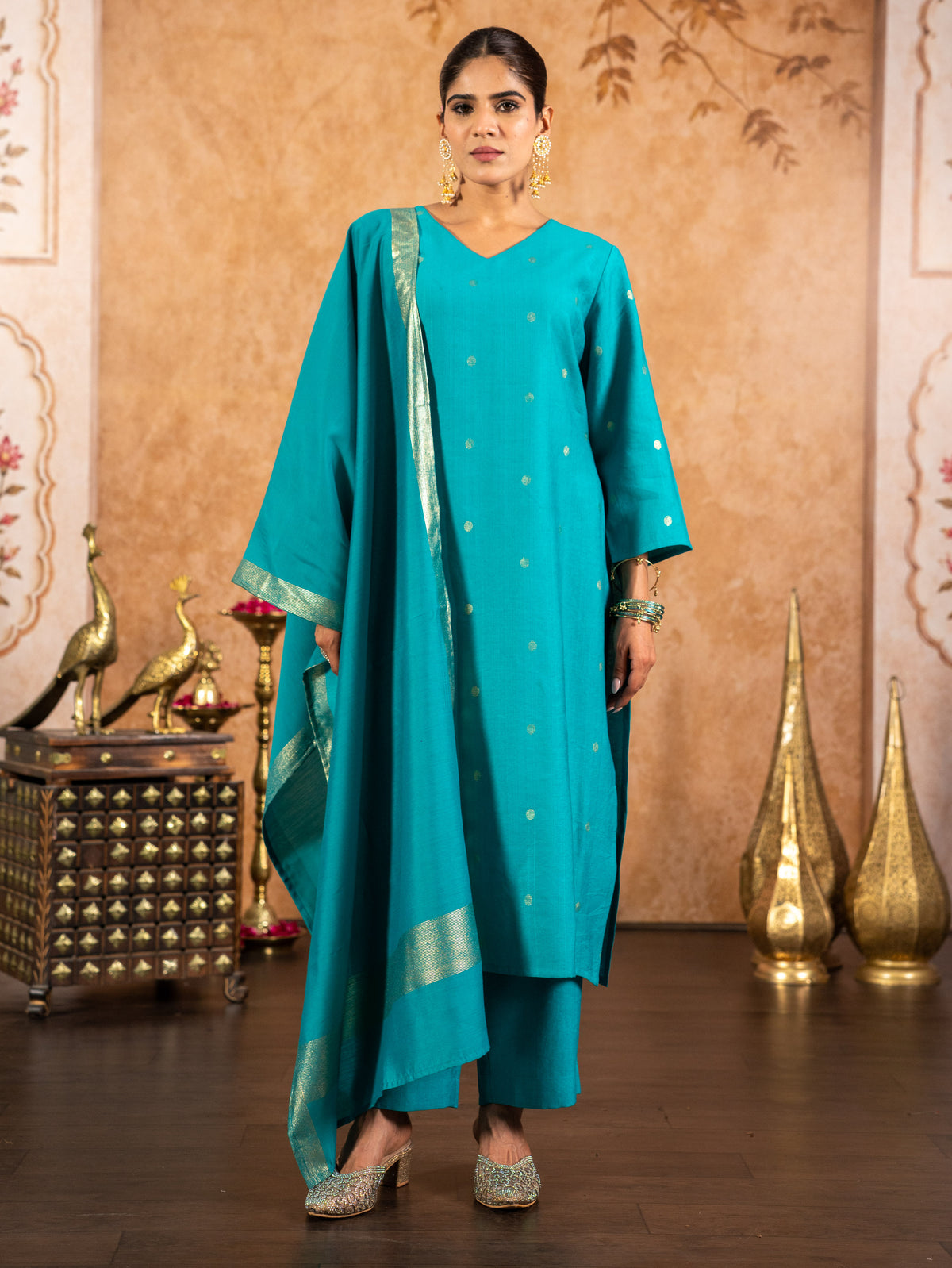 Blended Silk Gold Foil Straight Blue Kurta