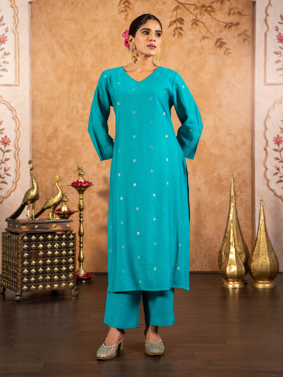 Blended Silk Gold Foil Straight Blue Kurta