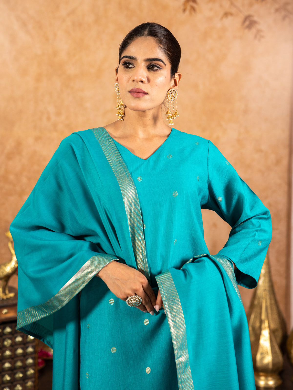 Blended Silk Gold Foil Straight Blue Kurta