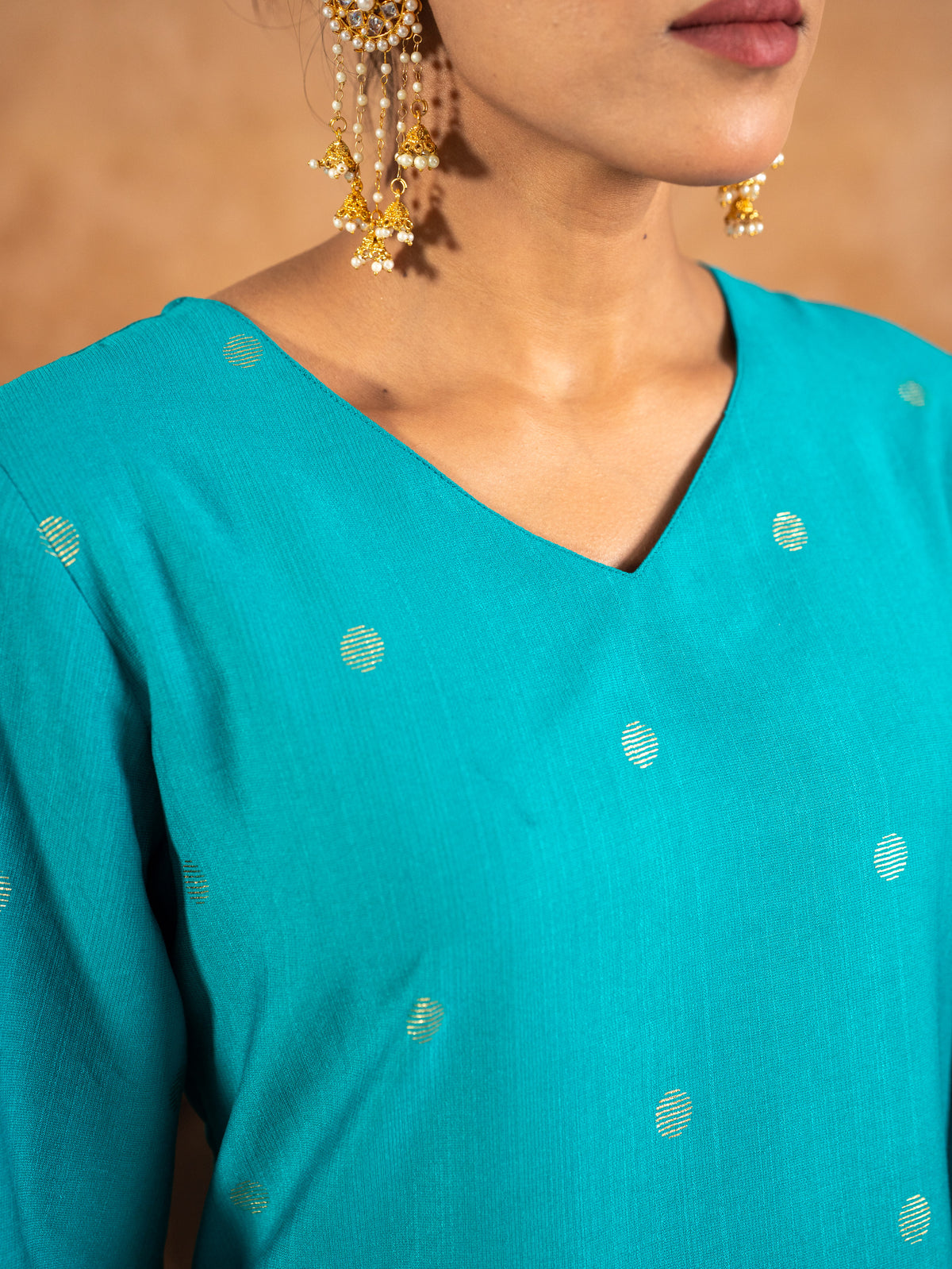 Blended Silk Gold Foil Straight Blue Kurta