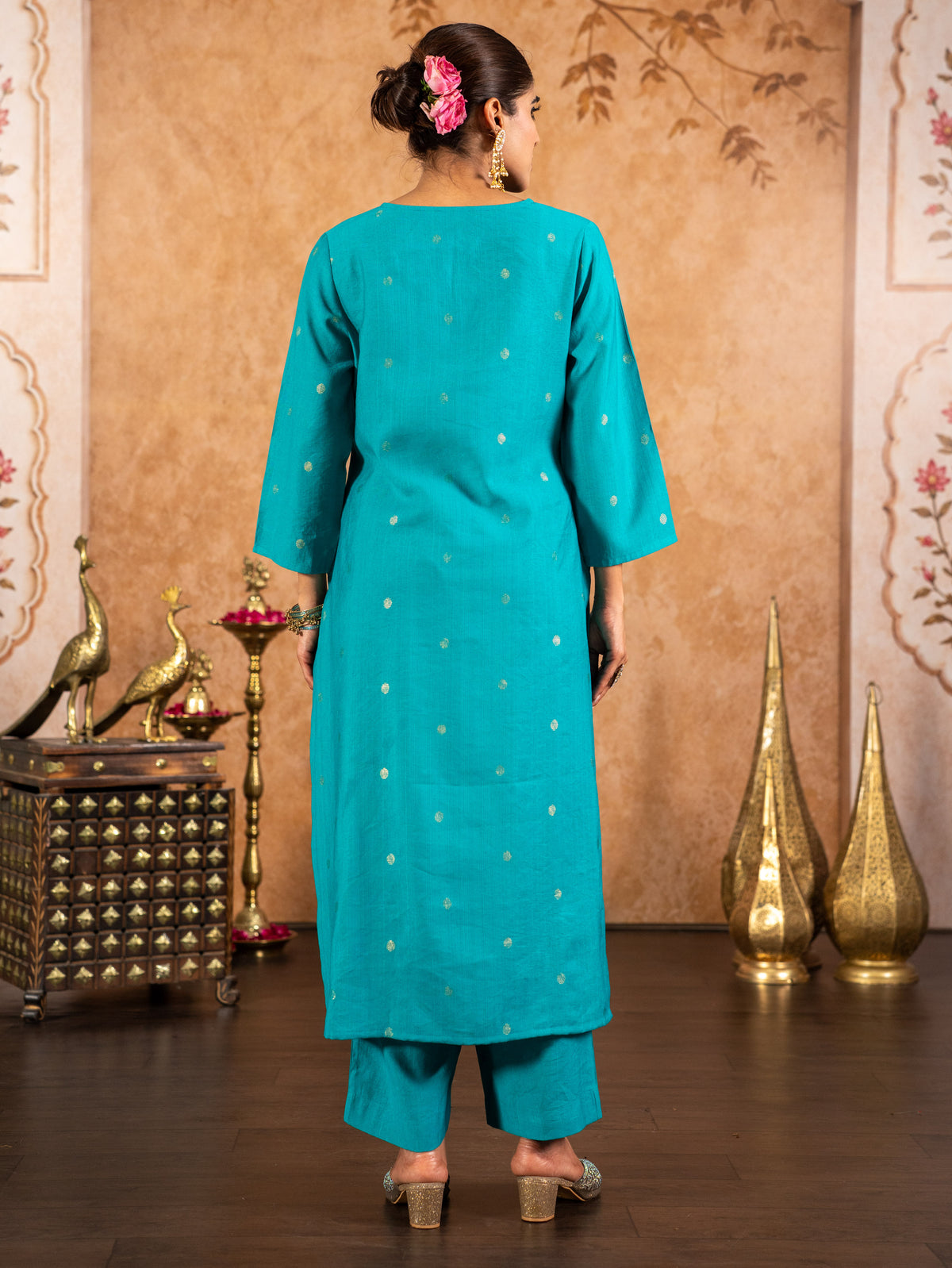 Blended Silk Gold Foil Straight Blue Kurta