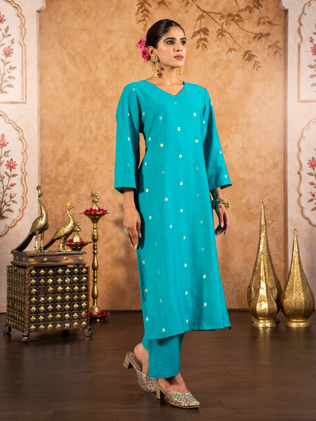 Blended Silk Gold Foil Straight Blue Kurta