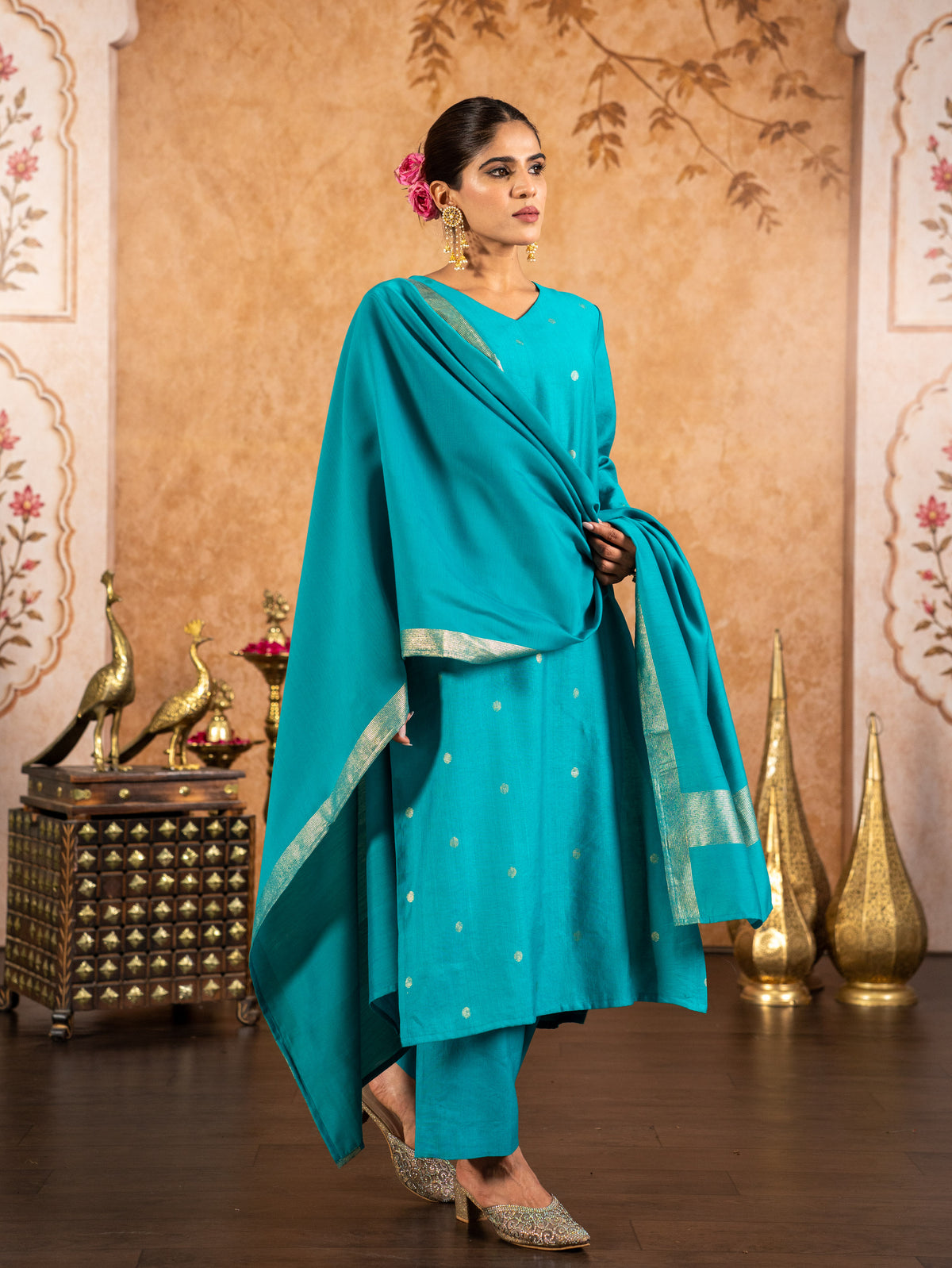 Blended Silk Gold Foil Straight Blue Kurta