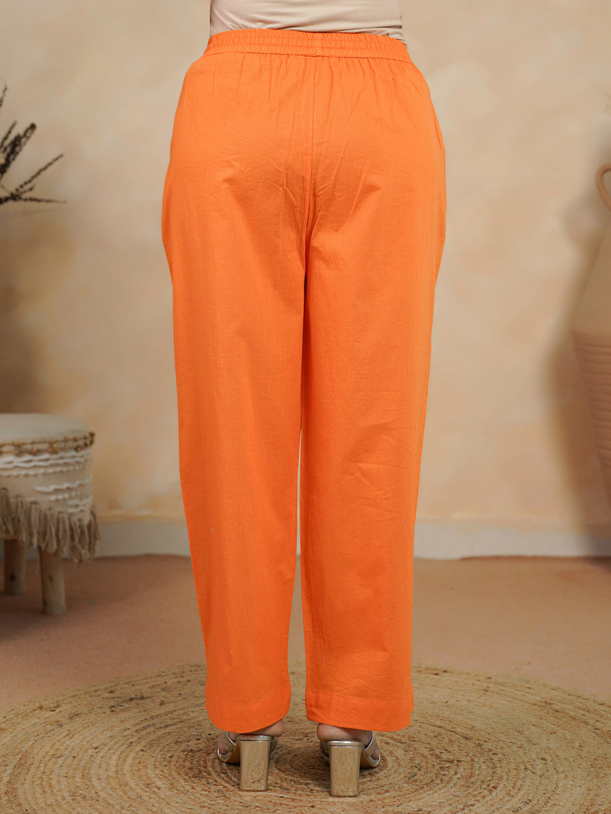 soft cotton solid orange straight trousers
