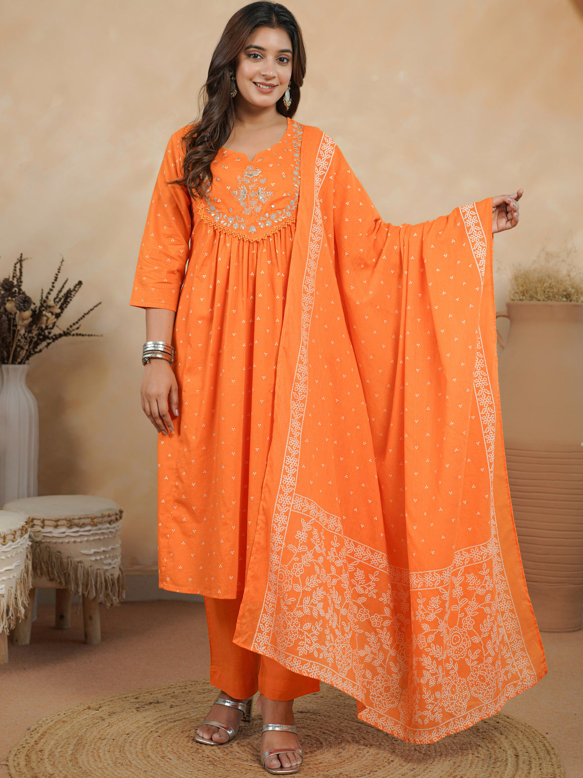 cotton voile floral orange dupatta