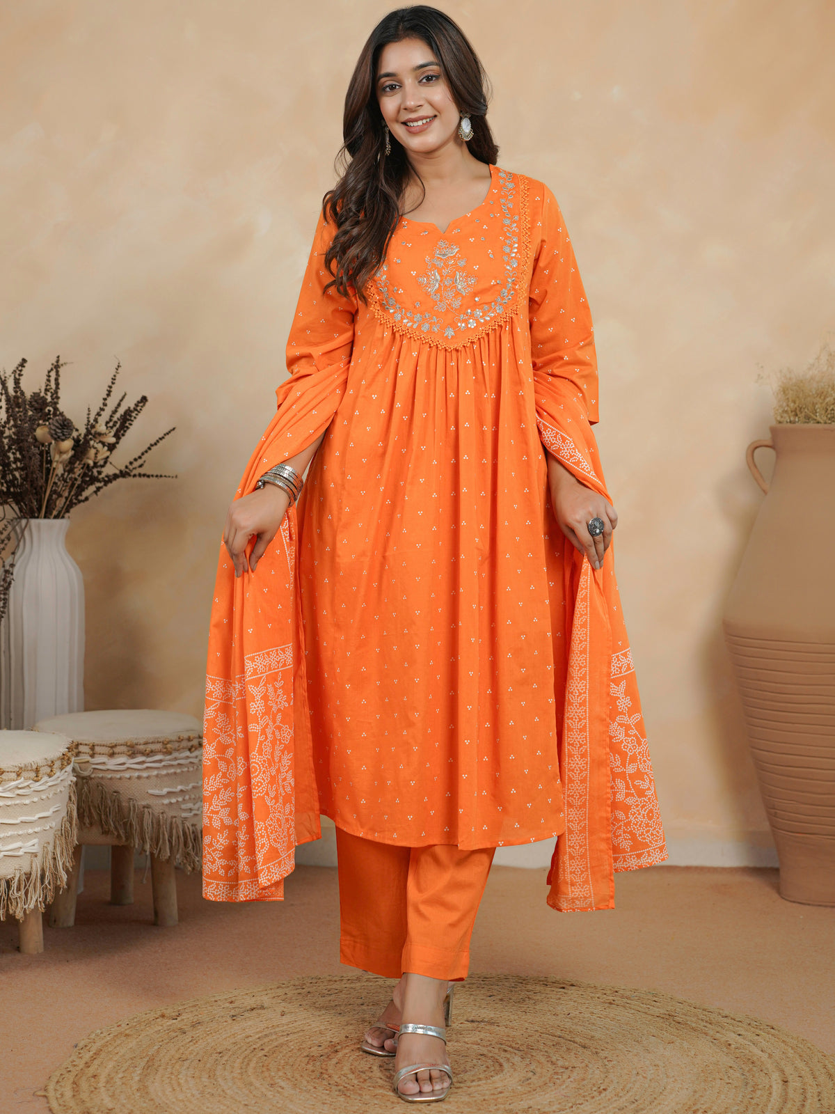 Embroidered soft cotton bandhani flared orange kurta