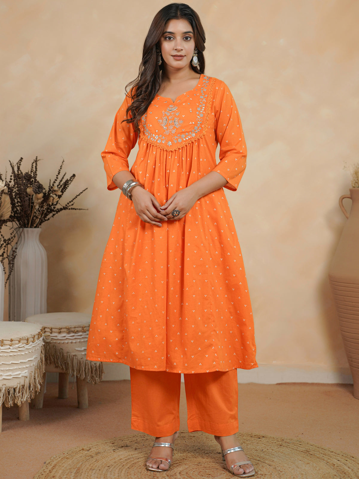 Embroidered soft cotton bandhani flared orange kurta