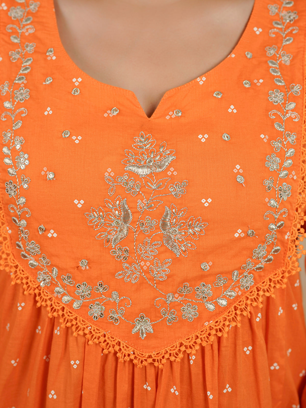 Embroidered soft cotton bandhani flared orange kurta
