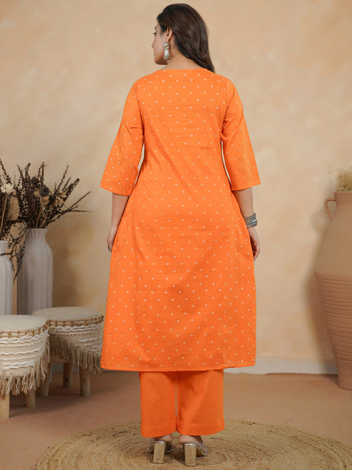 Embroidered soft cotton bandhani flared orange kurta