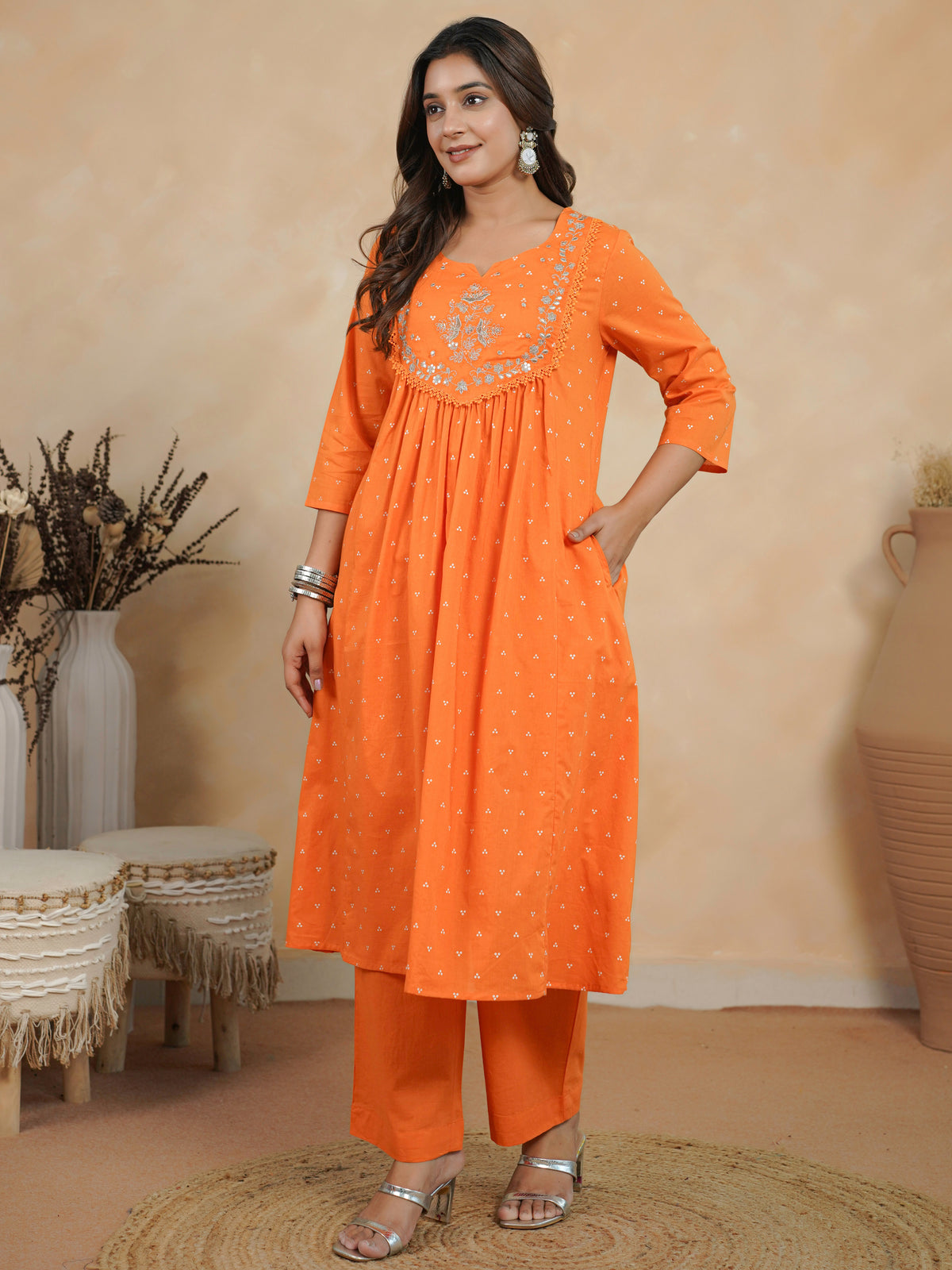 Embroidered soft cotton bandhani flared orange kurta