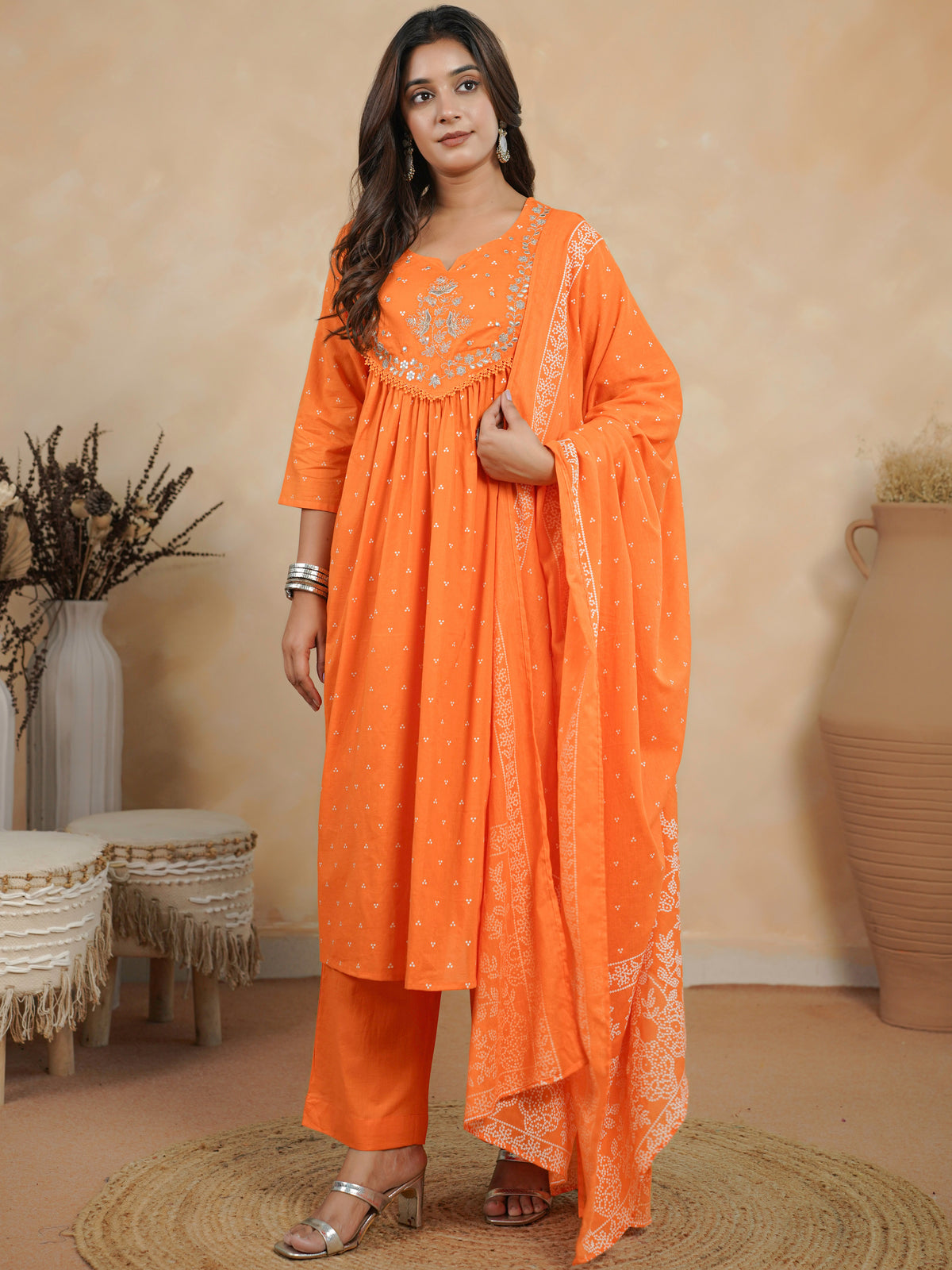 Embroidered soft cotton bandhani flared orange kurta