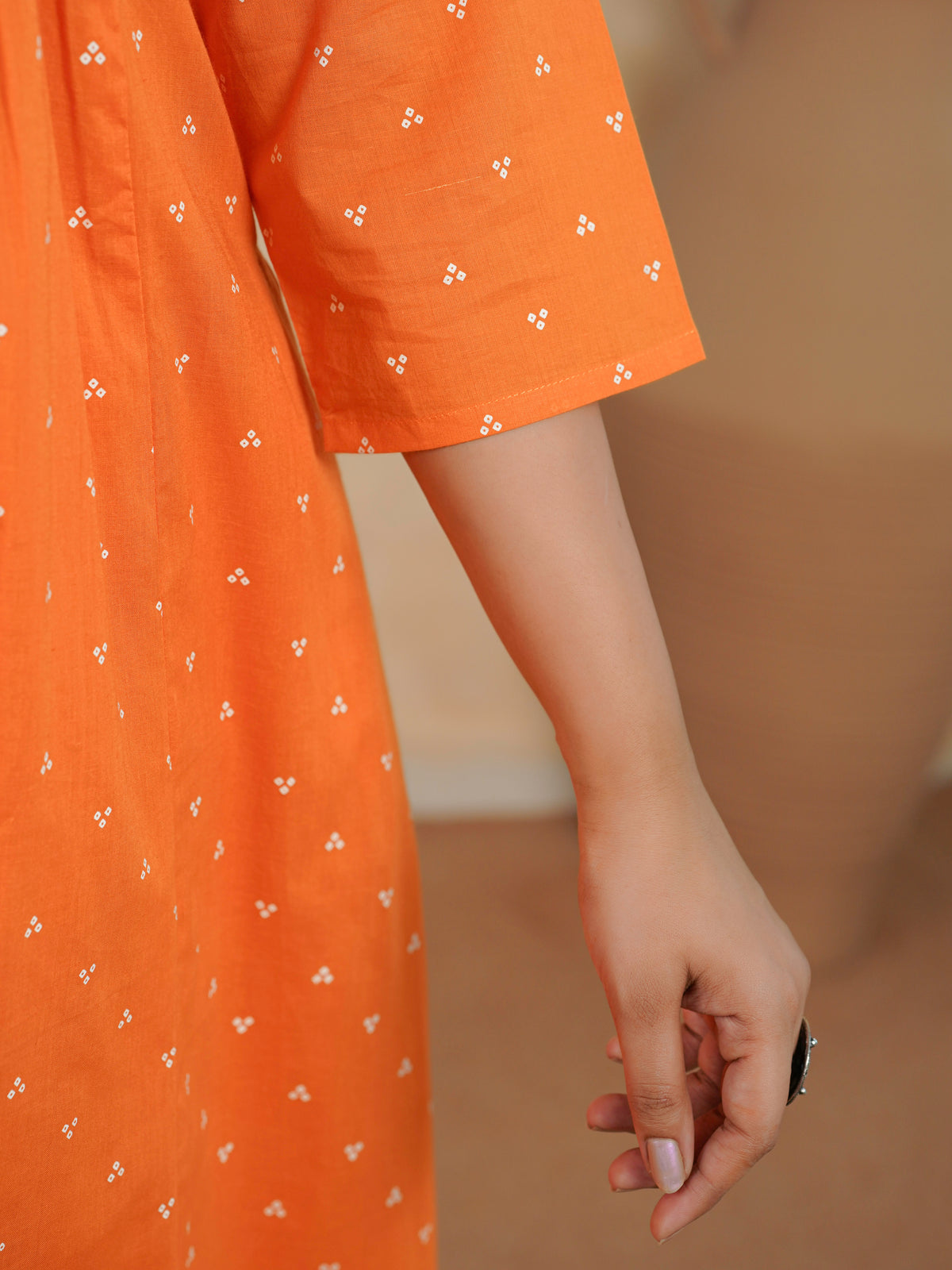 Embroidered soft cotton bandhani flared orange kurta