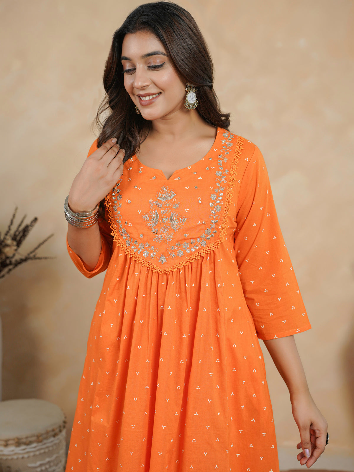 Embroidered soft cotton bandhani flared orange kurta