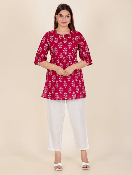 Soft Cotton Floral Straight Maroon Kurta