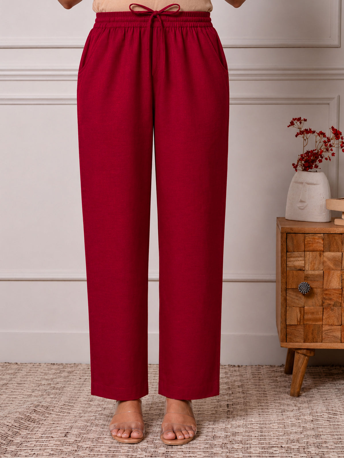 Soft Cotton Solid Red Straight Trousers