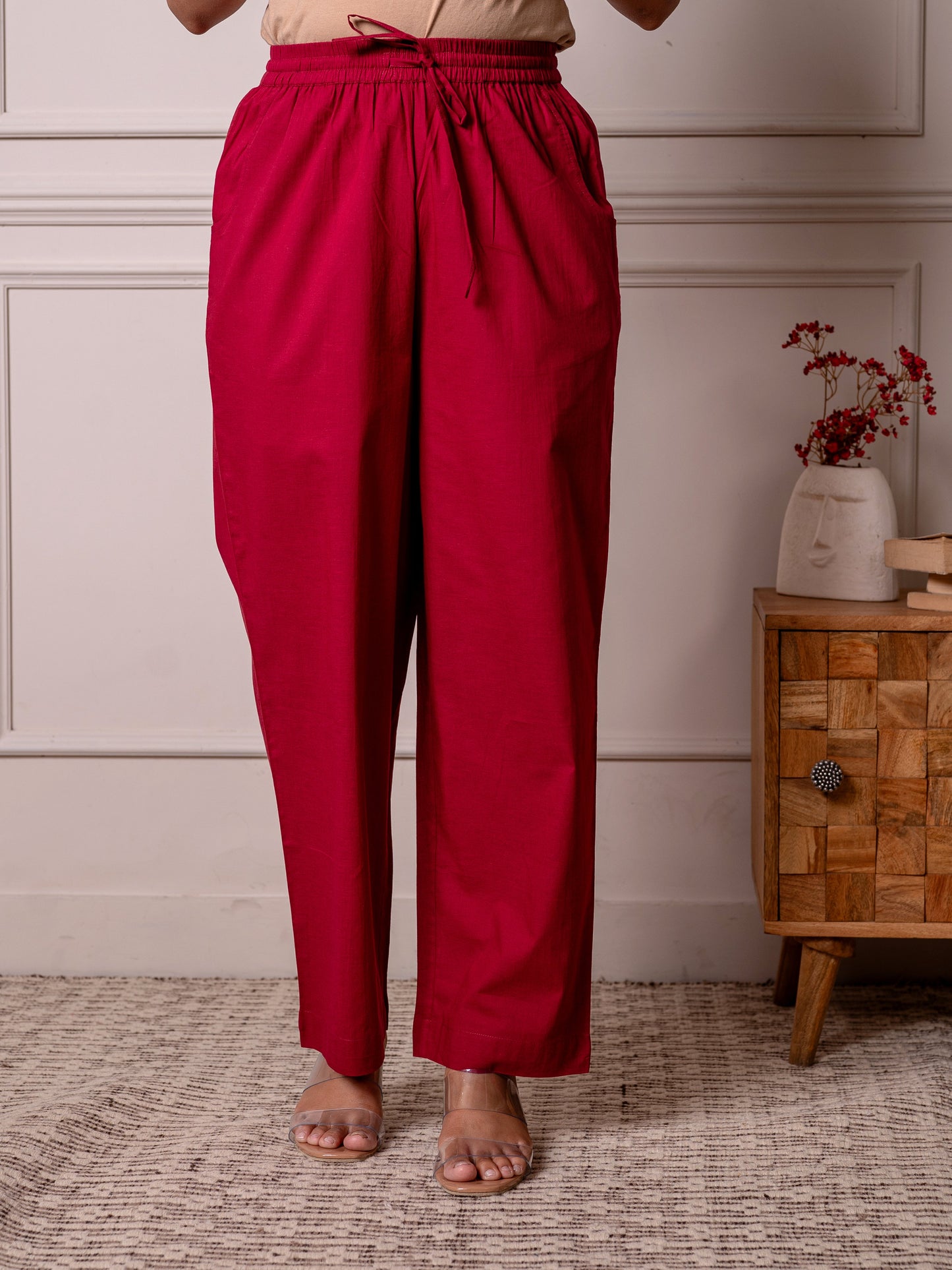 Soft cotton Solid Red Straight Trousers