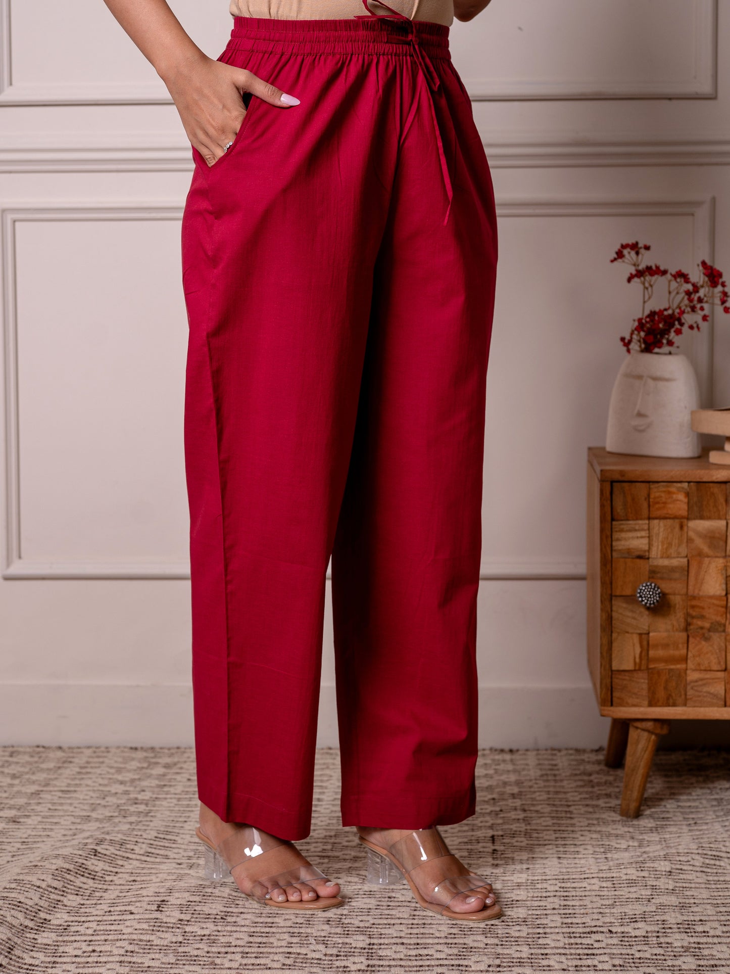 Soft cotton Solid Red Straight Trousers