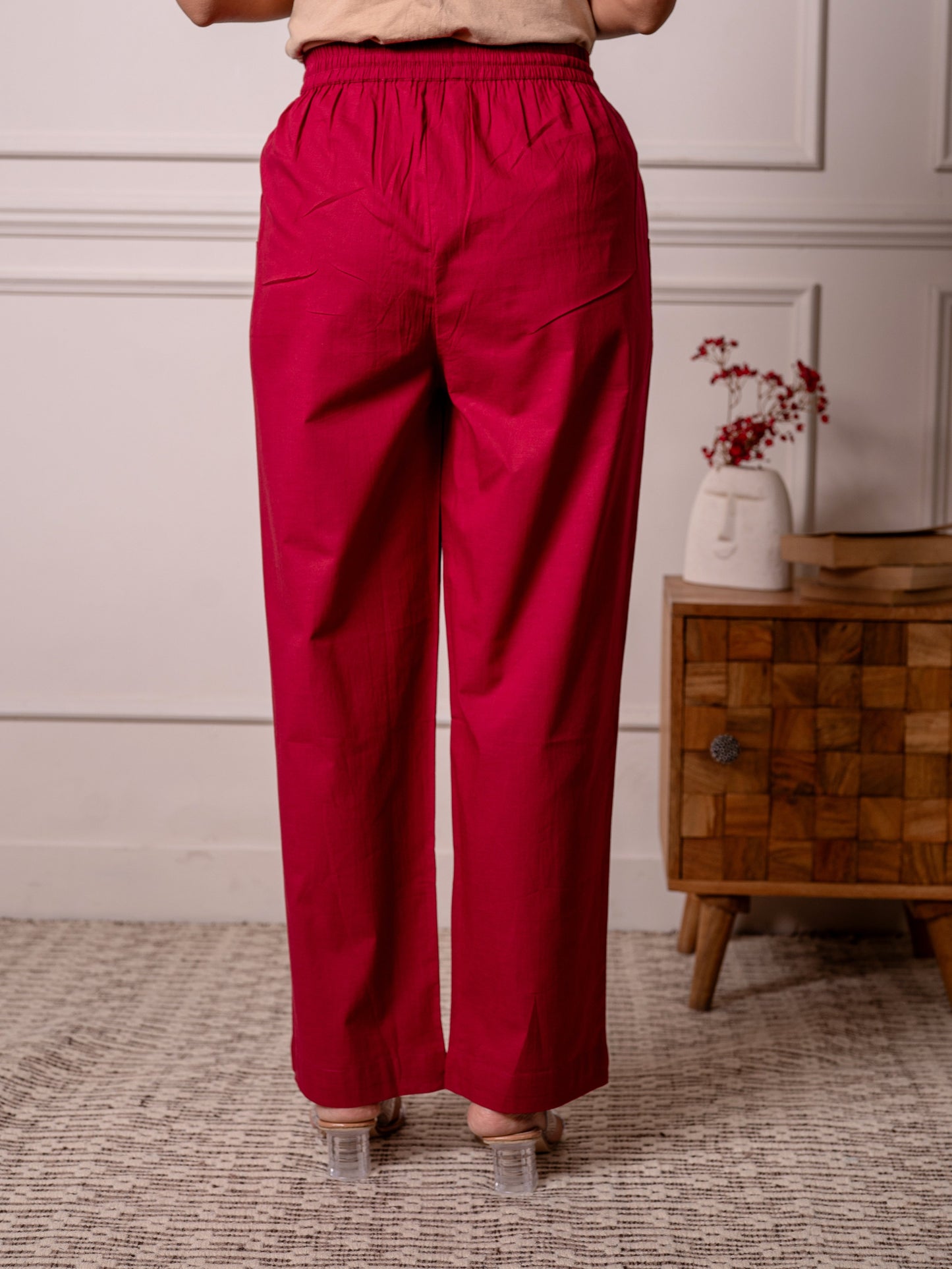 Soft cotton Solid Red Straight Trousers