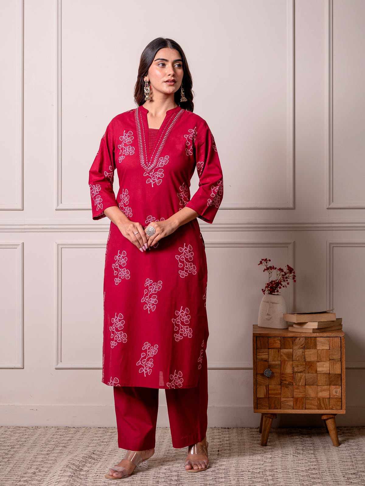 Embroidered Soft Cotton Butta Straight Red Kurta