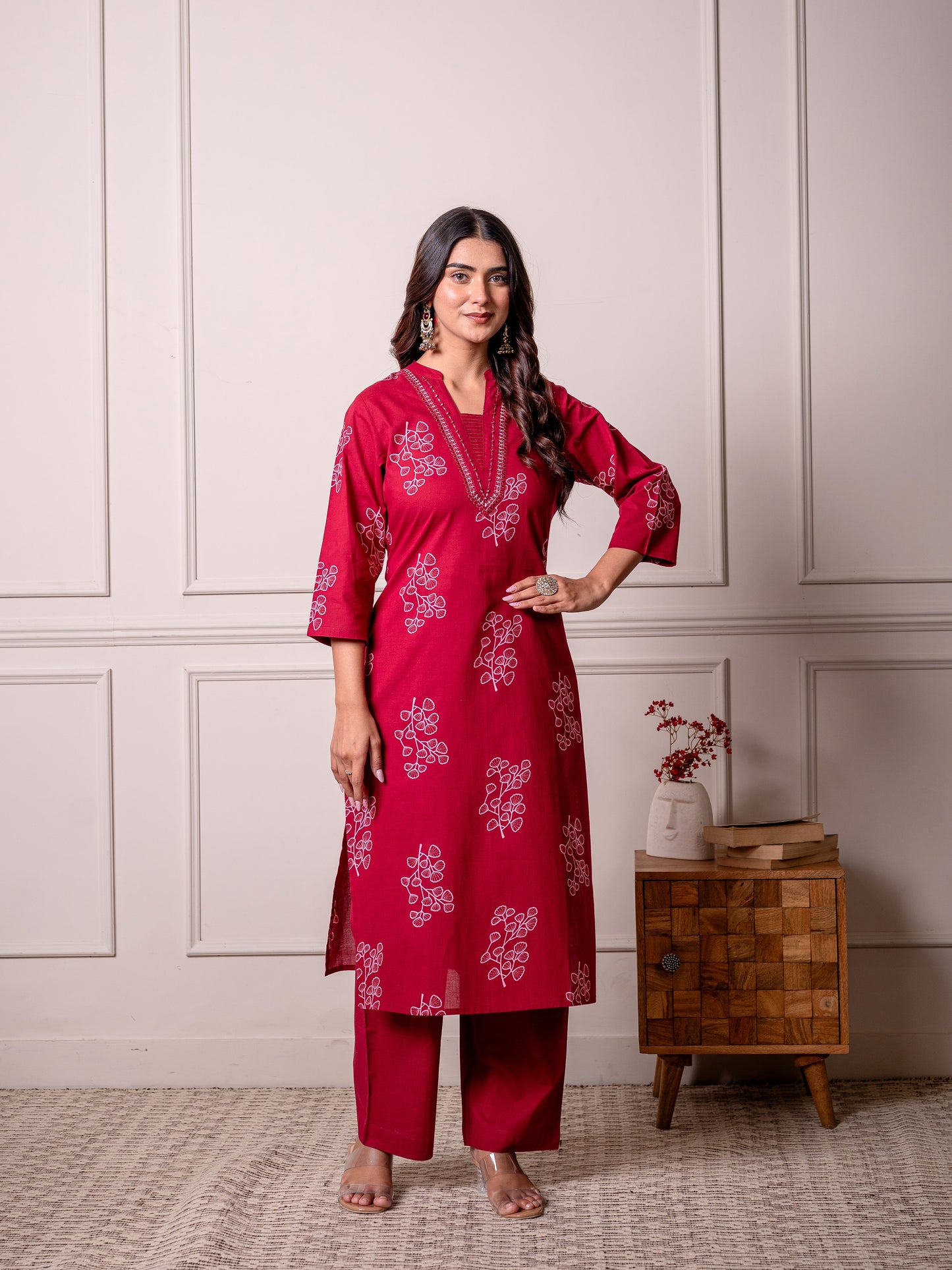 Embroidered Soft cotton Butta Straight Red Kurta