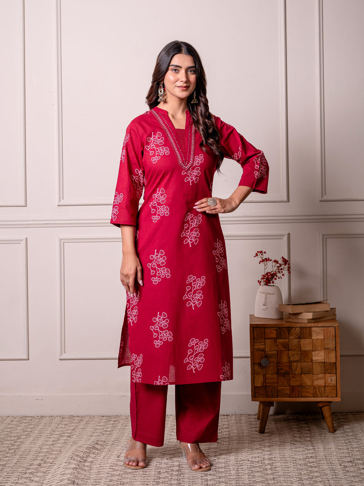 Embroidered Soft Cotton Butta Straight Red Kurta