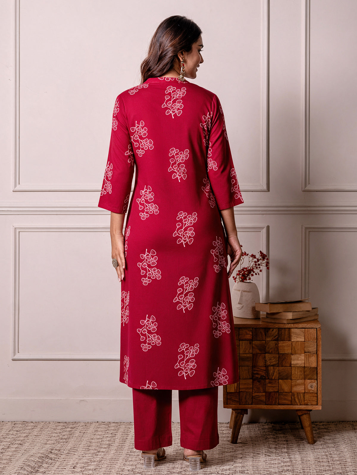 Embroidered Soft Cotton Butta Straight Red Kurta