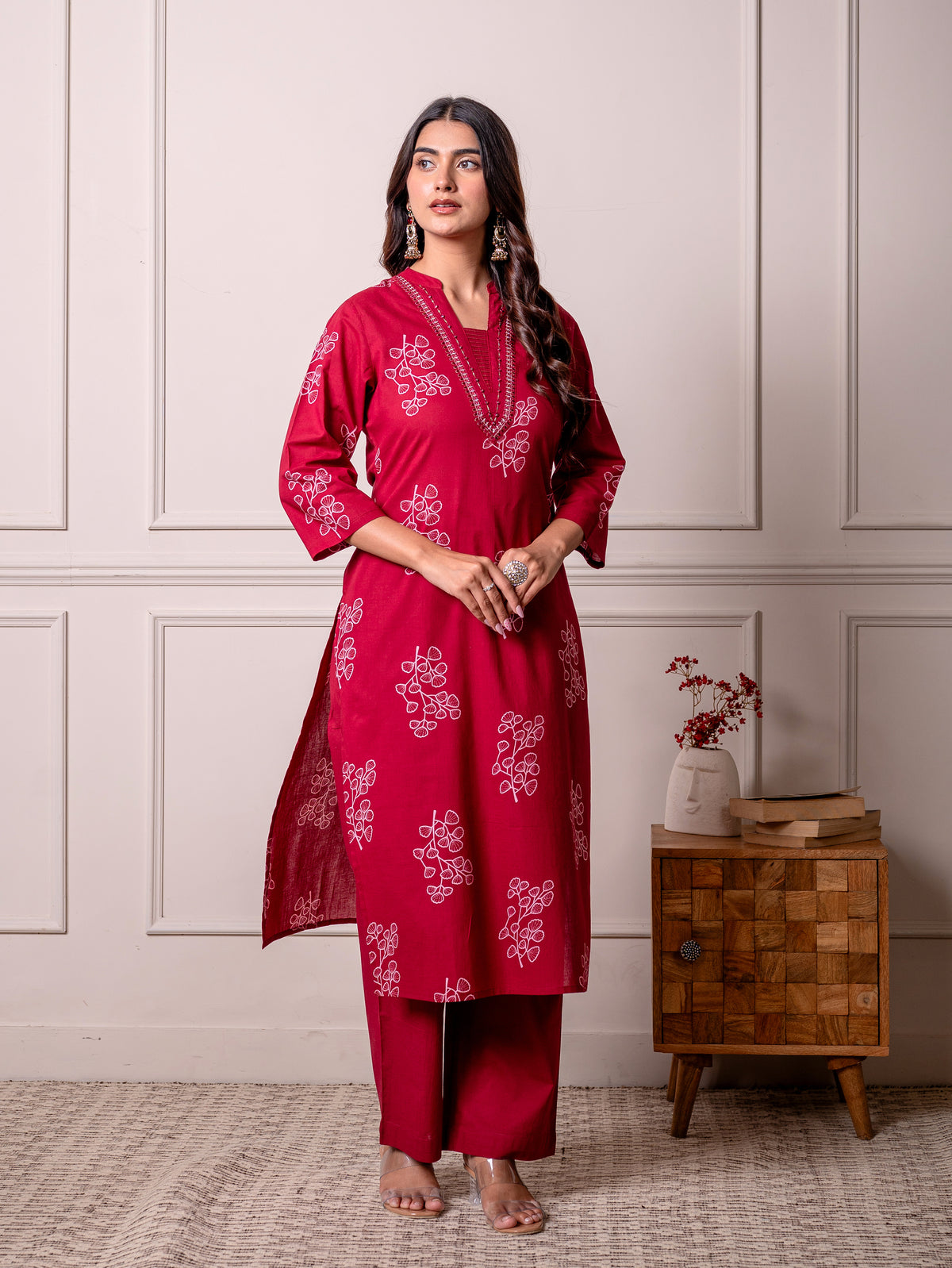 Embroidered Soft Cotton Butta Straight Red Kurta