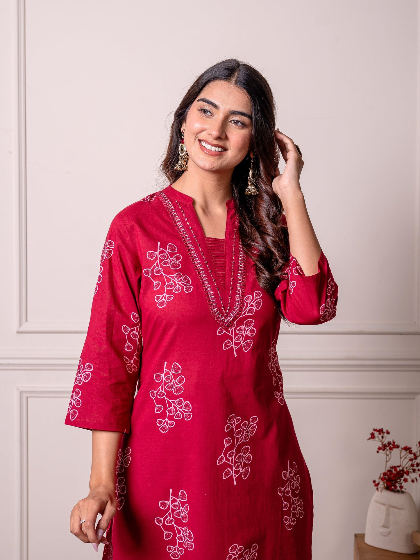 Embroidered Soft cotton Butta Straight Red Kurta