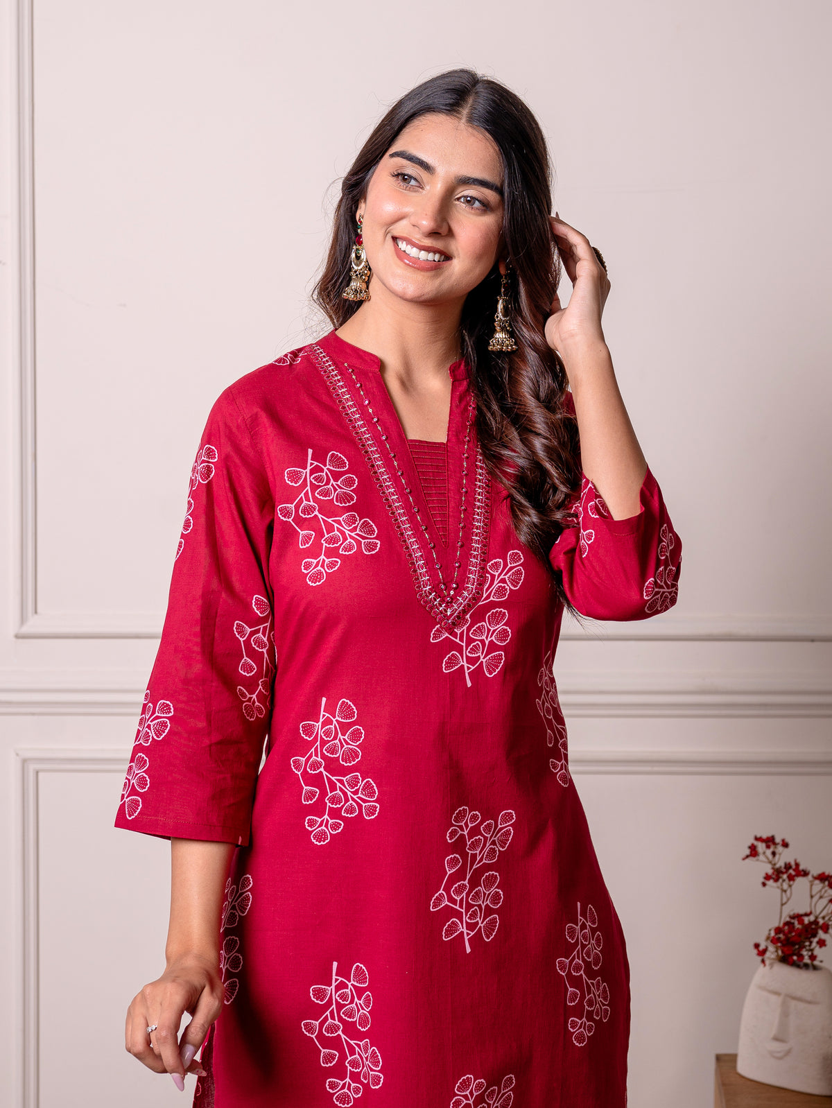 Embroidered Soft Cotton Butta Straight Red Kurta