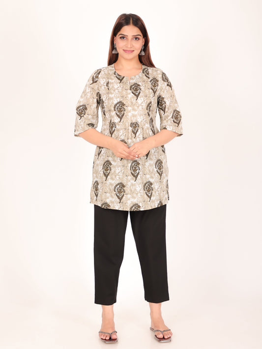 Soft Cotton Floral A-line Grey Kurti
