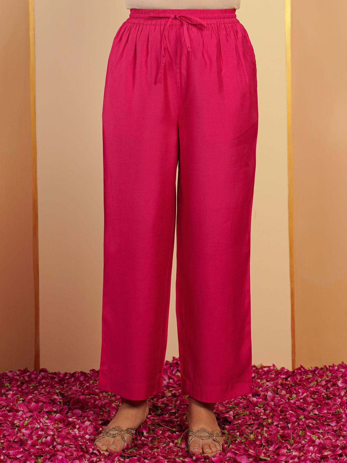 Chanderi Solid Pink Straight Trousers