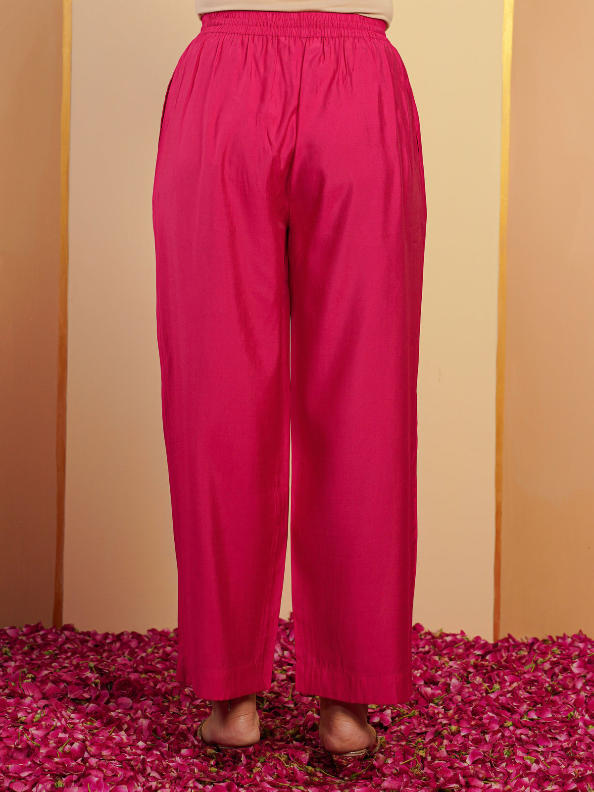 Chanderi Solid Pink Straight Trousers